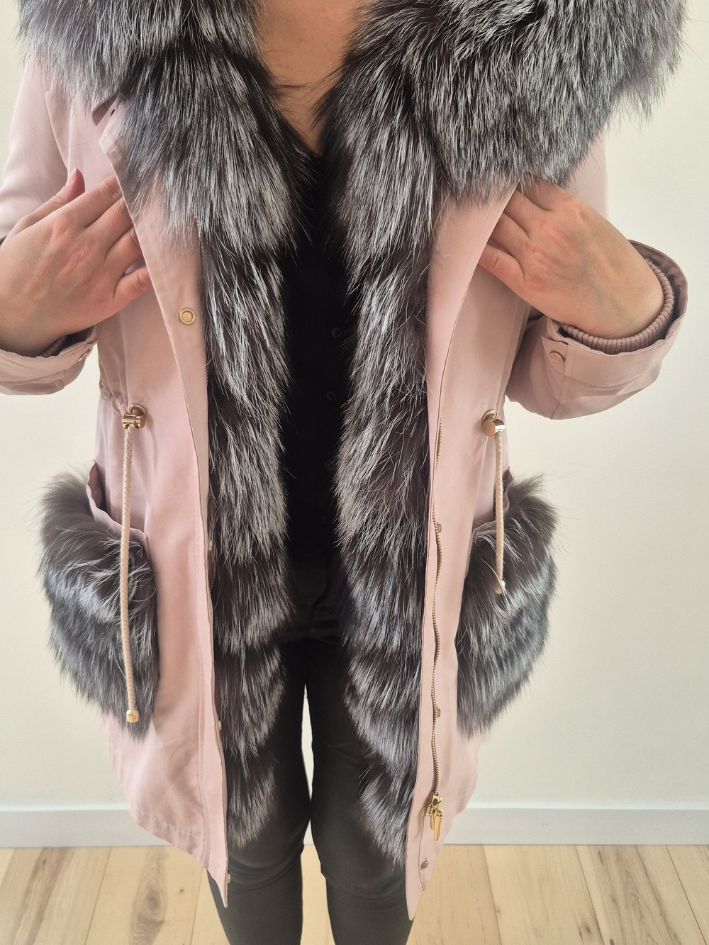 Women’s Pink Parka Coat with Real Fur Trim Size 40 LIKE NEW
